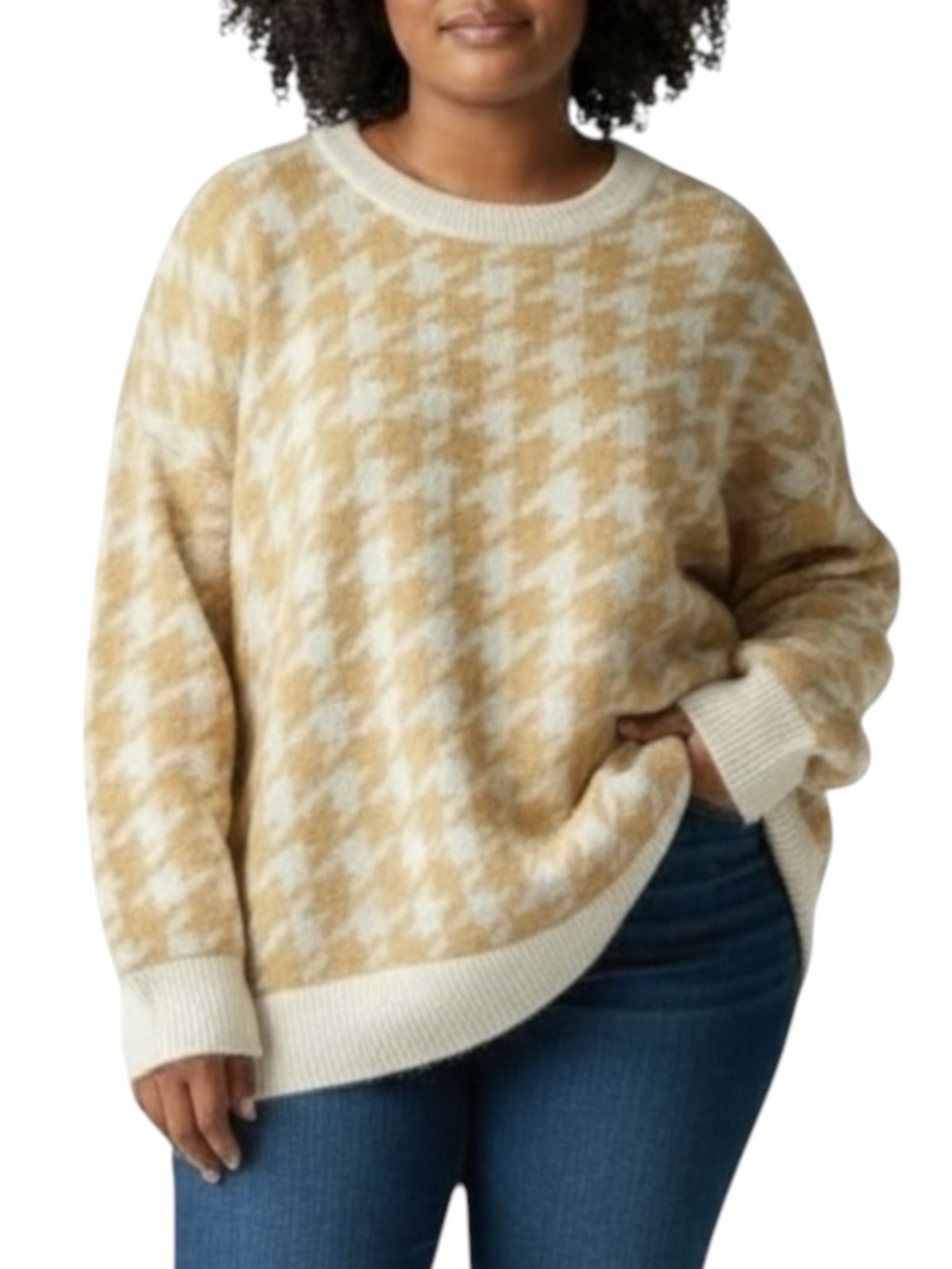 LOFT Houndstooth Crewneck Sweater in Cream/Tan Size Large — NWT!!!